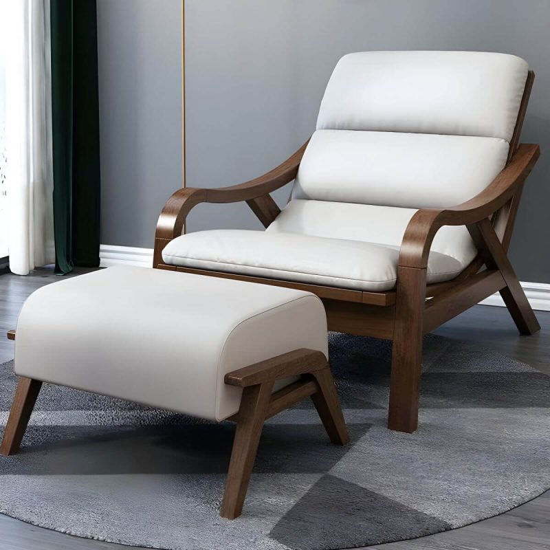 "Contemporary Solid Wood Recliner Chair in Solid Color with Wooden Legs - Recliner with Ottoman Faux Leather Beige"
