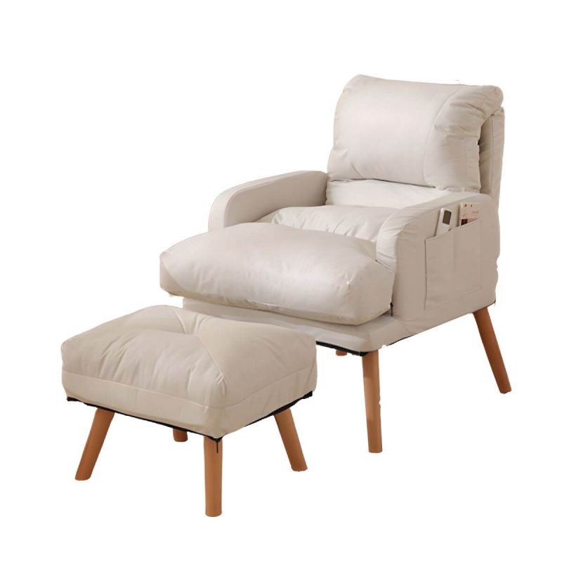 "Small Modern Recliner with Lumbar Support and Built-In Storage, featuring Wood Legs - White 29"L x 29"W x 34"H Recliner with Ottoman Tech Cloth"