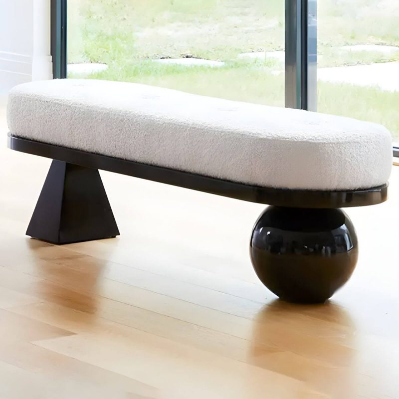 "White and Black Pouf in Wool Solid Wood Upholstered Contemporary - 2 Piece Set 39"L x 16"W x 18"H"