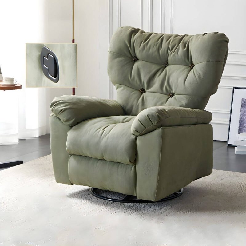 "Ergonomic Suede Modern Recliner with Tufted Back and Adjustable Lumbar Support - Manual - Handle/Lever Swivel Rocker Dark Green"
