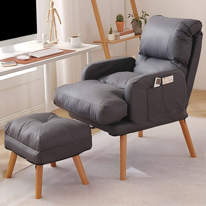 "Ergonomic Solid Color Modern Recliner with Lumbar Support and Storage, featuring Wood Legs - 28"L x 21"W x 37"H Blue Houndstooth Recliner with Ottoman Faux Leather"