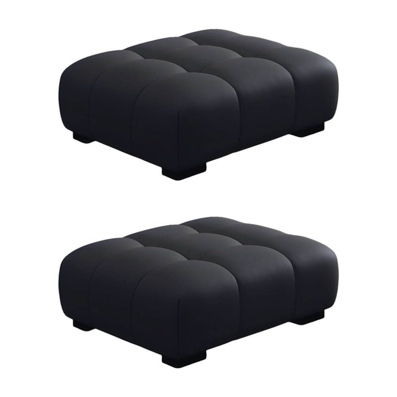 "Upholstered Modern Pine Accent Stool with Tufted Seat and Wooden Legs - Black 2 Piece Set"