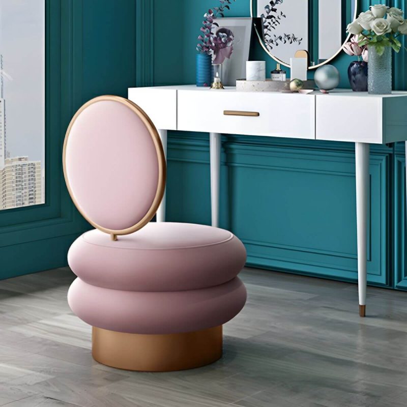 "Modern Upholstered Vanity Stool with Metal Frame and Patchwork Design - Yellow/ Green 1 Piece"