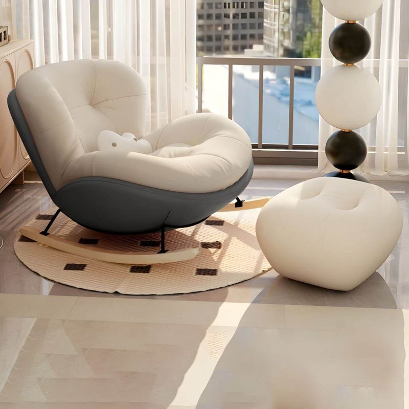 "Stylish Modern Upholstered Rocking Chair with Natural Wood Legs, Tufted Upholstered and Spindle Back - Rocking Chair with Ottomans Grey/ Beige"