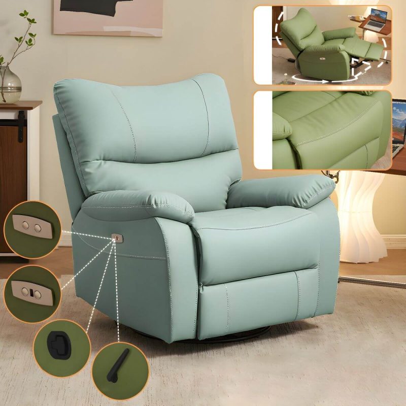 "Small Modern Recliner with Lumbar Support and Foam-Filled Comfort, Solid Upholstery - Mint Green Power Recline Swivel Rocker"