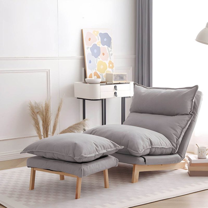 "Ergonomic Linen Recliner with Lumbar Support and Removable Cushions - Small Size - Blue Deck Chair"