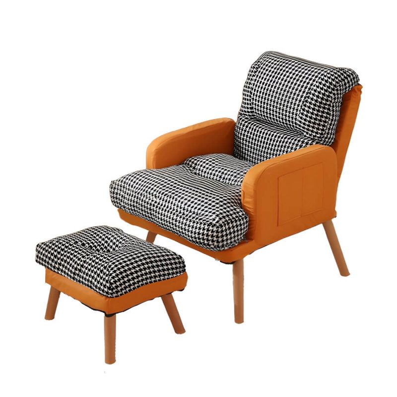 "Small Modern Recliner with Lumbar Support and Built-In Storage, featuring Wood Legs - Orange Houndstooth 29"L x 29"W x 38"H Recliner with Ottoman Cotton and Linen"