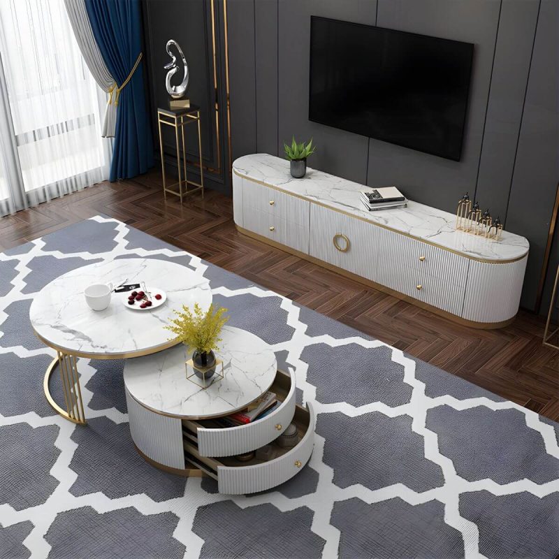 "Glam Marble TV Stand Console Enclosed Storage TV Media Stand with Doors for Living Room - 79"L x 16"W x 17"H Black"