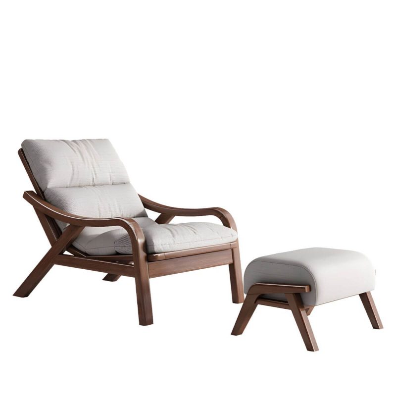 "Contemporary Solid Wood Recliner Chair in Solid Color with Wooden Legs - Recliner with Ottoman Linen Blend Beige"
