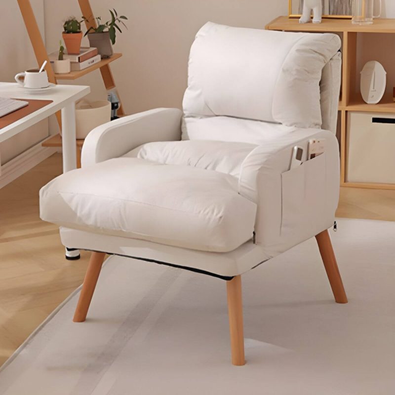"Ergonomic Solid Color Modern Recliner with Lumbar Support and Storage, featuring Wood Legs - 28"L x 21"W x 39"H White Deck Chair Faux Leather"