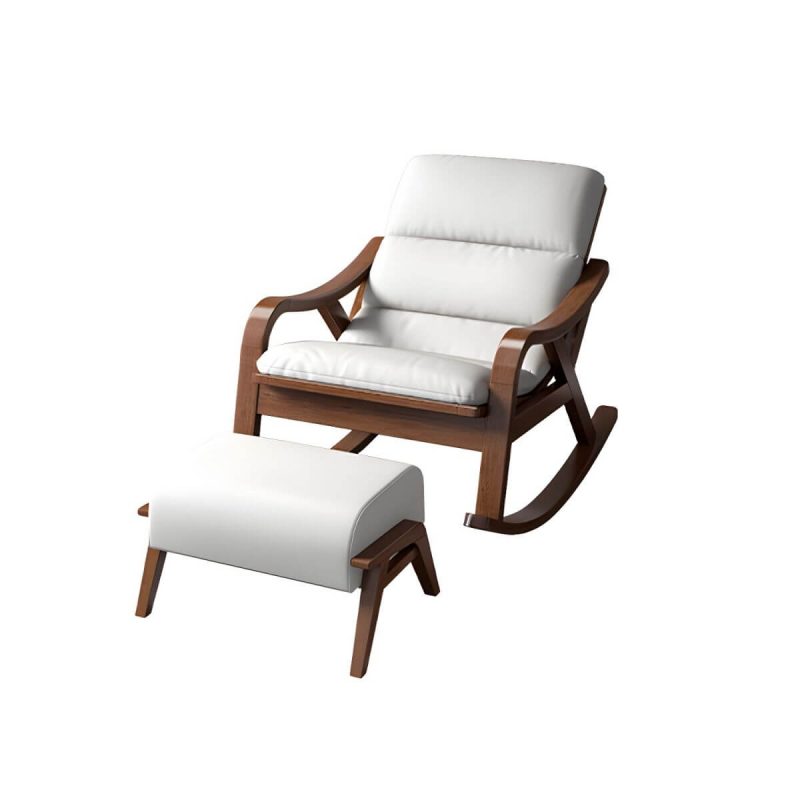 "Traditional Recliner Chair with Solid Wood Legs and Arms Indoor Chair - Faux Leather Beige Rocking Chair & Cushion"