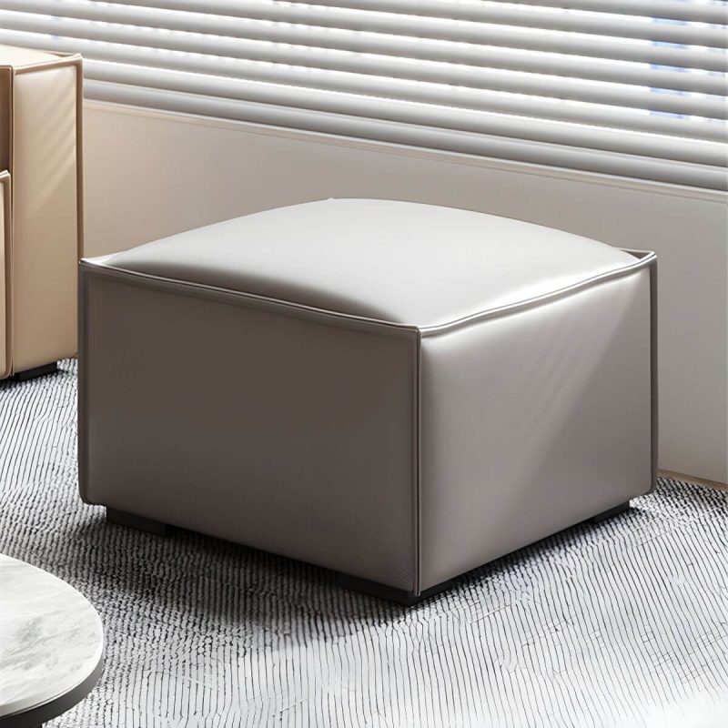 "Modern Upholstered Accent Stool with Wood Frame and Solid Color Seat - 2 Piece Set 39.5"L x 39.5"W x 14"H Genuine Leather Light Gray"