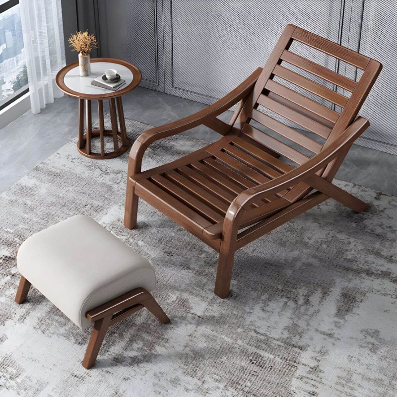 "Contemporary Solid Wood Recliner Chair in Solid Color with Wooden Legs - Rocking Chair Linen Blend Beige"