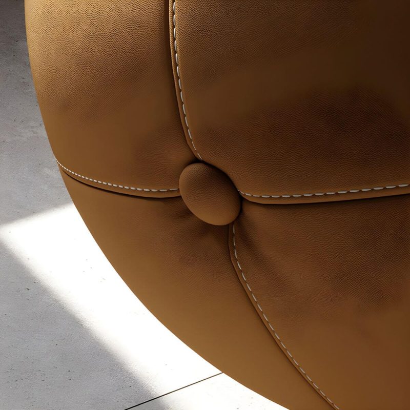 "Glam Round Accent Stool Backless Genuine Leather Solid Color in Brown - 1 Piece"