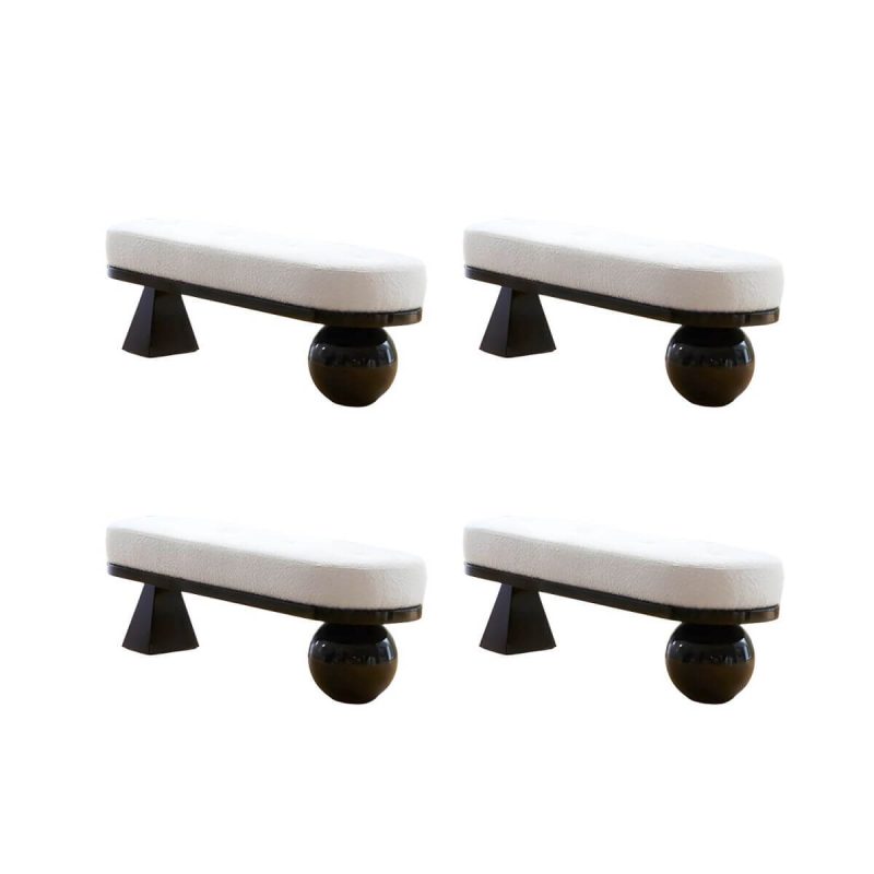 "White and Black Pouf in Wool Solid Wood Upholstered Contemporary - 4 Piece Set 55"L x 18"W x 18"H"