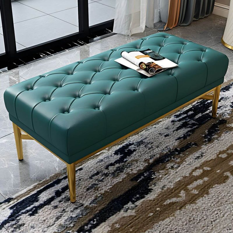 "Tufted Modern Upholstered Accent Stool with Nail Head Trim - Backless - 2 Piece Set Genuine Leather Yellow"