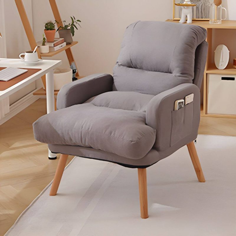"Ergonomic Solid Color Modern Recliner with Lumbar Support and Storage, featuring Wood Legs - 28"L x 21"W x 39"H Gray Deck Chair Cotton and Linen"