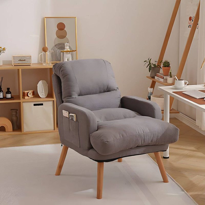 "Small Modern Recliner with Lumbar Support and Built-In Storage, featuring Wood Legs - Gray 29"L x 29"W x 34"H Deck Chair Cotton and Linen"