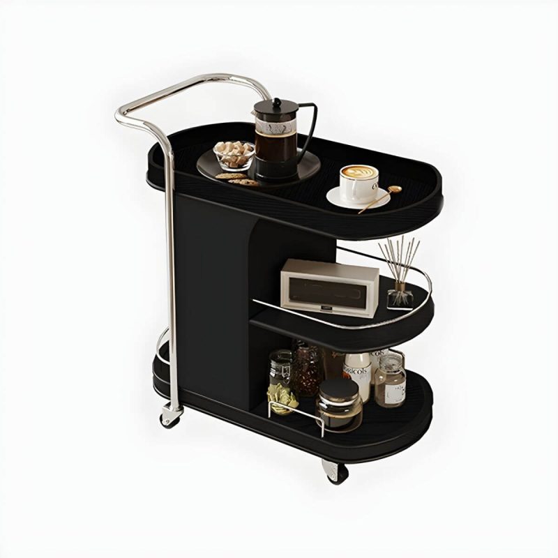 "Contemporary Side Table with Handle and Shelves, Black Frame and Wheels - Black 26"L x 15"W x 28"H"