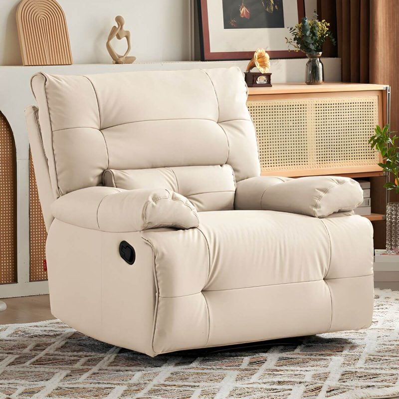 "Ergonomic Modern Recliner with Lumbar Support and Stain-Resistant Faux Leather Upholstery - Beige Deck Chair Manual Recline Swivel Rocker"