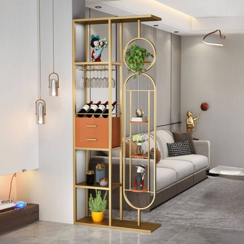"Art Deco Metal Ink Room Separator Wall with Transparent Single Panel and Shelf, 1 Panel, 33"L x 12"W x 87"H"