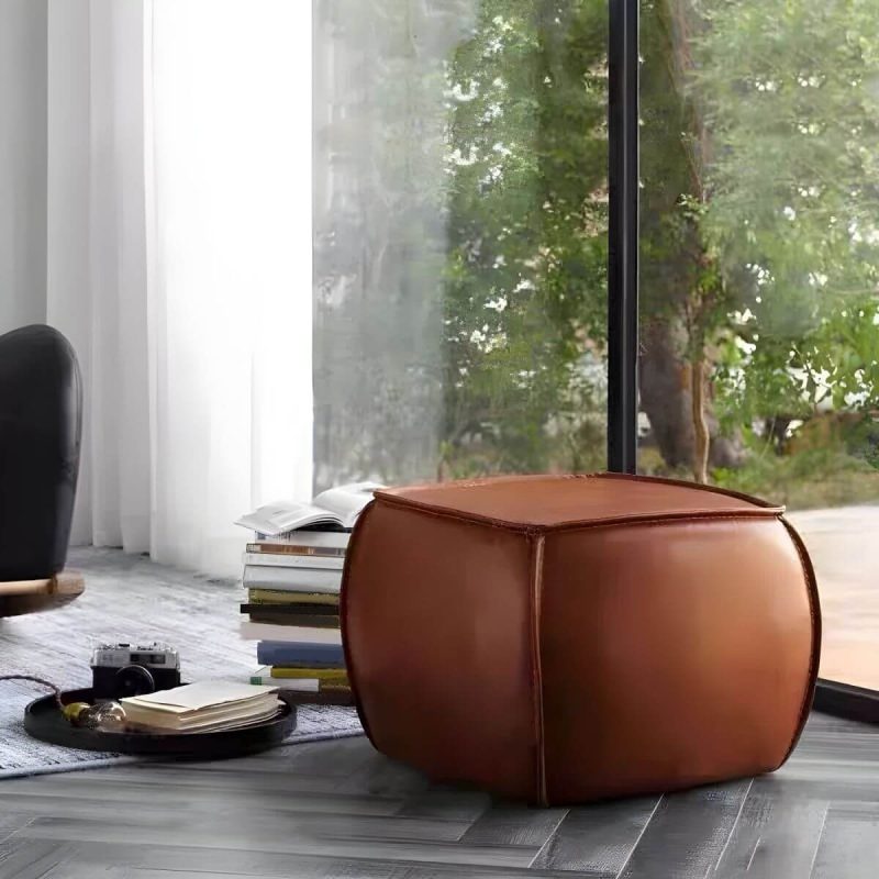 "Mid-Century Modern Upholstered Utility Stool in Brown Leather with Water Resistant Finish - 1 Piece 27.5"L x 27.5"W x 15"H"