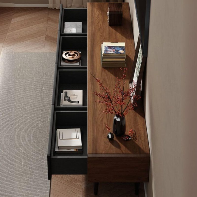 "Modern Simple Style Wood TV Stand with 4 Drawers and Cable Management, Walnut/ White, 94.5"L x 16"W x 17"H"
