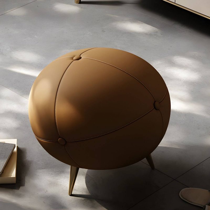 "Glam Round Accent Stool Backless Genuine Leather Solid Color in Brown - 1 Piece"