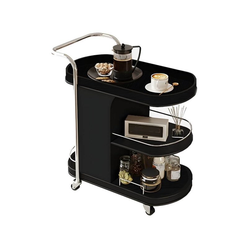 "Contemporary Side Table with Handle and Shelves, Black Frame and Wheels - Wood Color 28"L x 16"W x 26"H"