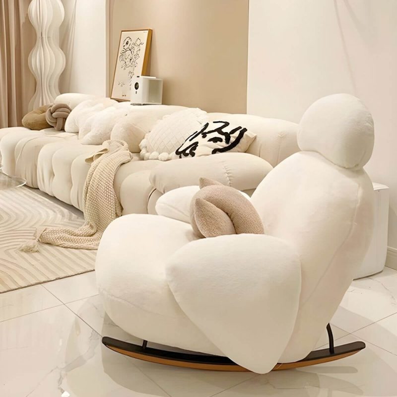 "Indoor Modern Rocking Chair with Sherpa Upholstered and Wood Legs - White"