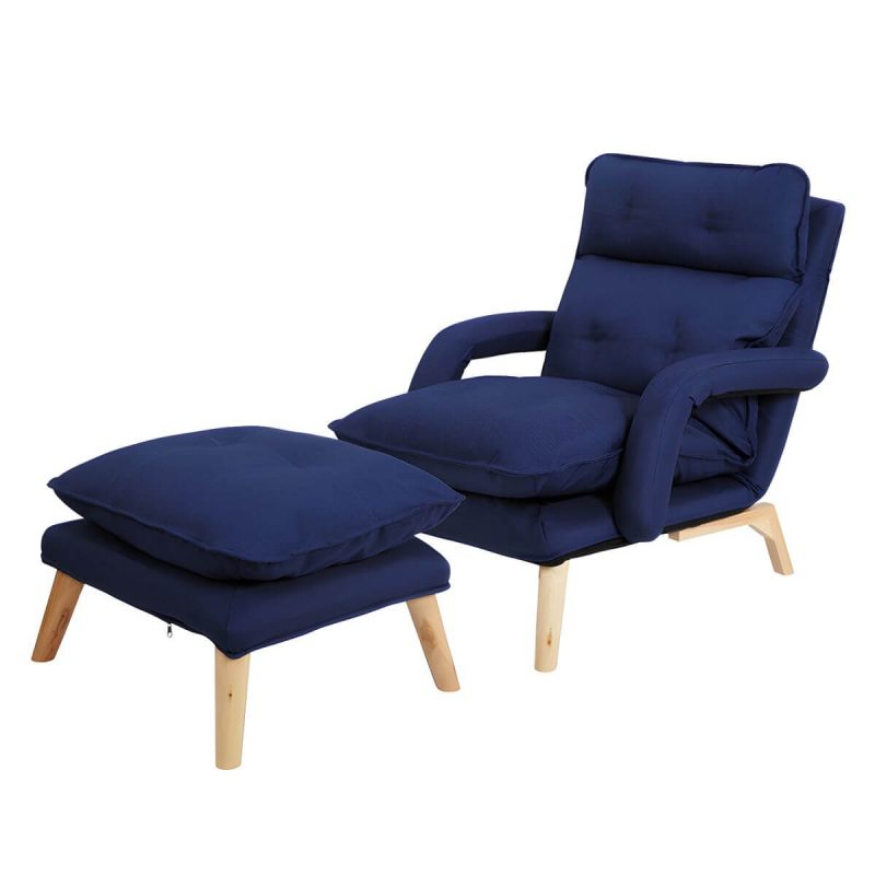 "Small Modern Ergonomic Recliner with Linen Upholstery and Adjustable Headrest, including Ottoman - Dark Blue"