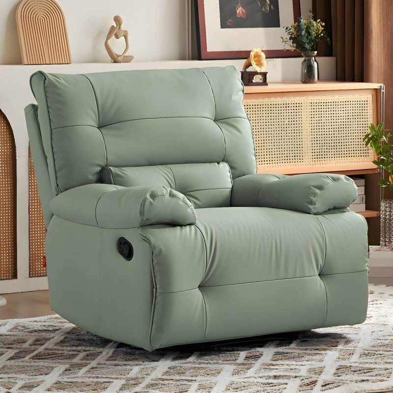 "Ergonomic Modern Recliner with Lumbar Support and Stain-Resistant Faux Leather Upholstery - Mint Green Deck Chair Power Recline Swivel Rocker"