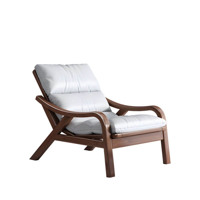"Contemporary Solid Wood Recliner Chair in Solid Color with Wooden Legs - Deck Chair Faux Leather Beige"
