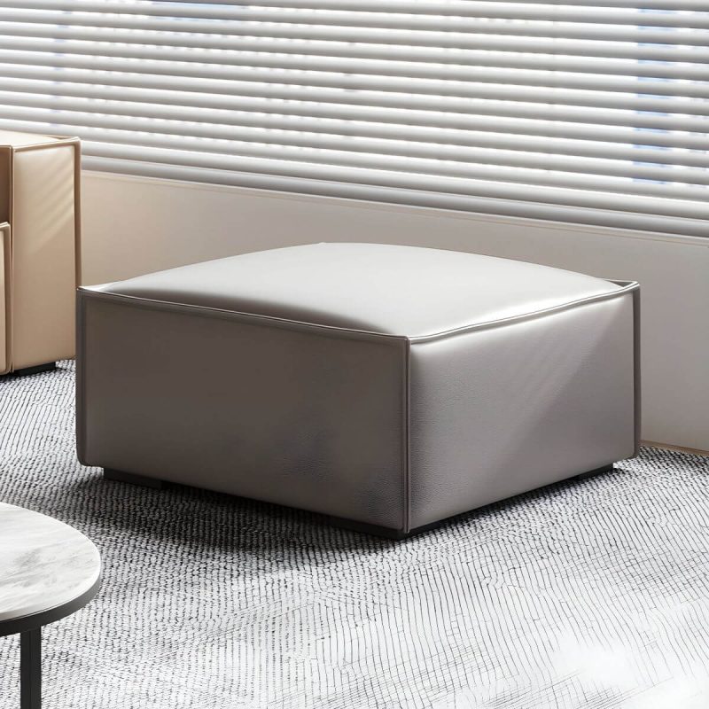 "Modern Upholstered Accent Stool with Wood Frame and Solid Color Seat - 1 Piece 39.5"L x 39.5"W x 14"H Genuine Leather Khaki"