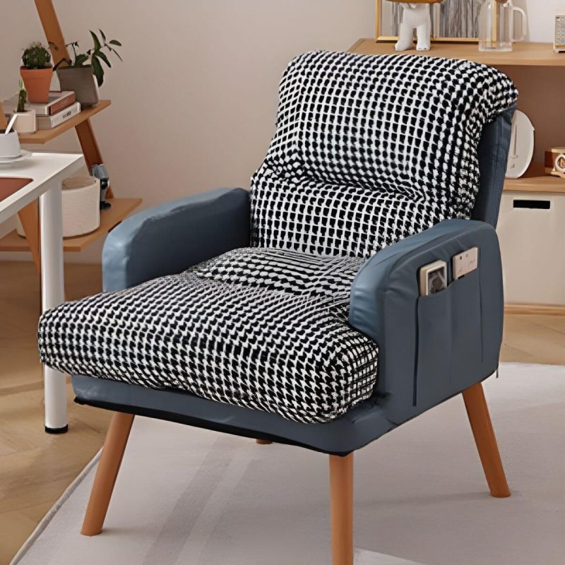 "Ergonomic Solid Color Modern Recliner with Lumbar Support and Storage, featuring Wood Legs - 28"L x 21"W x 39"H Blue Houndstooth Deck Chair Faux Leather"