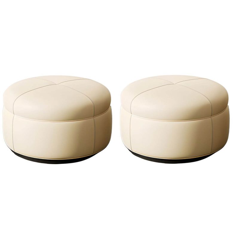 "Modern Genuine Leather Accent Stool Backless Round Solid Wood Stool - Beige 2 Piece Set"