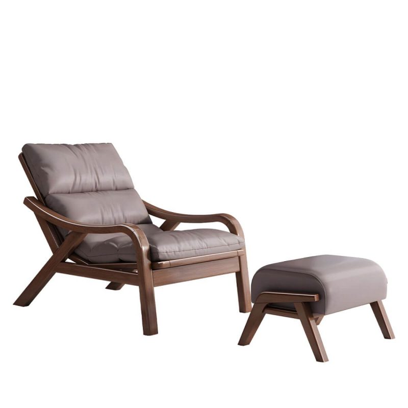 "Contemporary Solid Wood Recliner Chair in Solid Color with Wooden Legs - Recliner with Ottoman Faux Leather Brown"