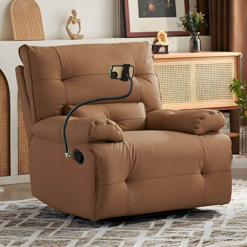 "Ergonomic Modern Recliner with Lumbar Support and Stain-Resistant Faux Leather Upholstery - Brown Manual Recline Swivel Rocker Recliner & Mobile Phone Stand"