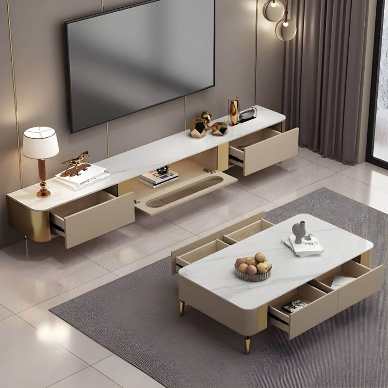 "Luxury Enclosed Storage TV Console Home Rectangle Sintered Stone TV Cabinet - 220 x 30 x 24 cm"