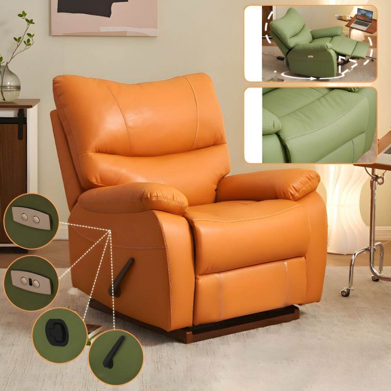"Small Modern Recliner with Lumbar Support and Foam-Filled Comfort, Solid Upholstery - Orange Manual Recline Swivel Rocker"