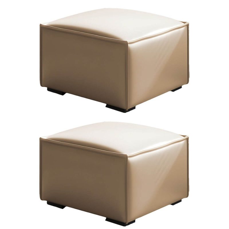"Modern Upholstered Accent Stool with Wood Frame and Solid Color Seat - 2 Piece Set 35.5"L x 35.5"W x 14"H Genuine Leather Khaki"