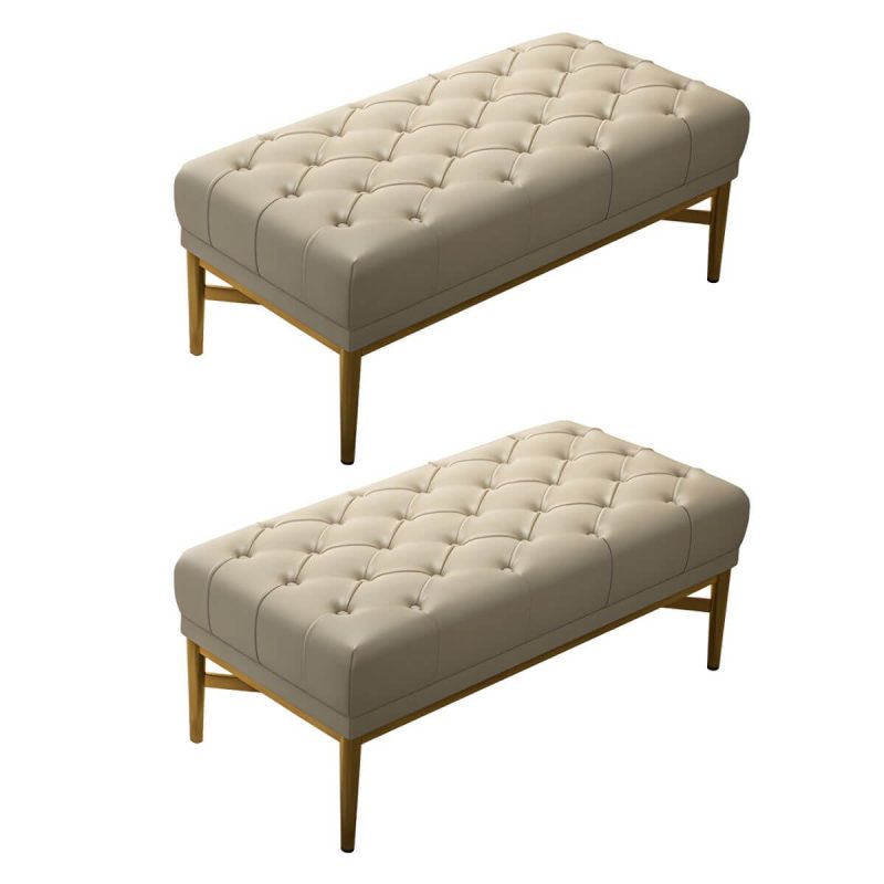 "Tufted Modern Upholstered Accent Stool with Nail Head Trim - Backless - 2 Piece Set Genuine Leather Off-White"