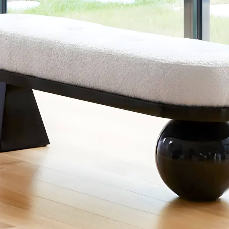 "White and Black Pouf in Wool Solid Wood Upholstered Contemporary - 1 Piece 39"L x 16"W x 18"H"