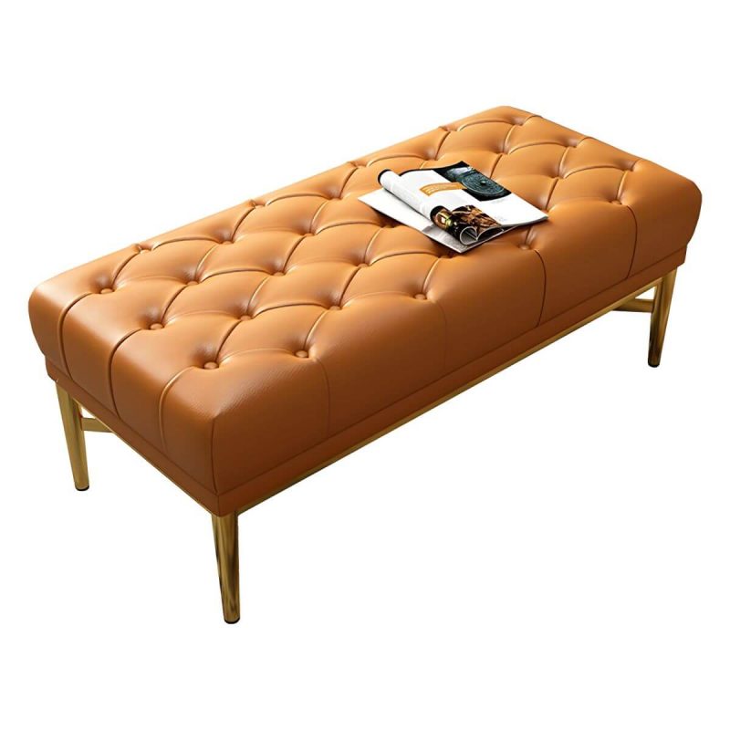 "Tufted Modern Upholstered Accent Stool with Nail Head Trim - Backless - 1 Piece Genuine Leather Orange"
