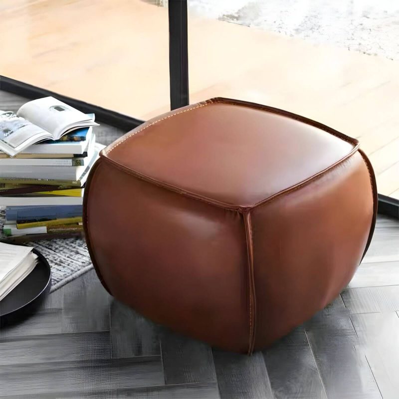 "Mid-Century Modern Upholstered Utility Stool in Brown Leather with Water Resistant Finish - 2 Piece Set 20"L x 20"W x 15"H"