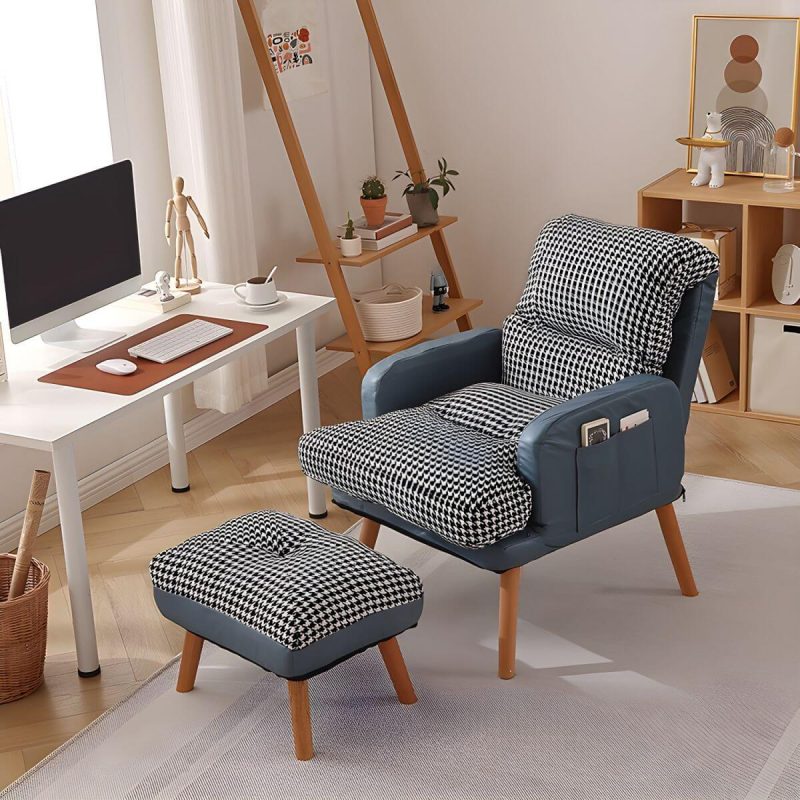 "Ergonomic Solid Color Modern Recliner with Lumbar Support and Storage, featuring Wood Legs - 28"L x 21"W x 39"H Blue Houndstooth Recliner with Ottoman Faux Leather"