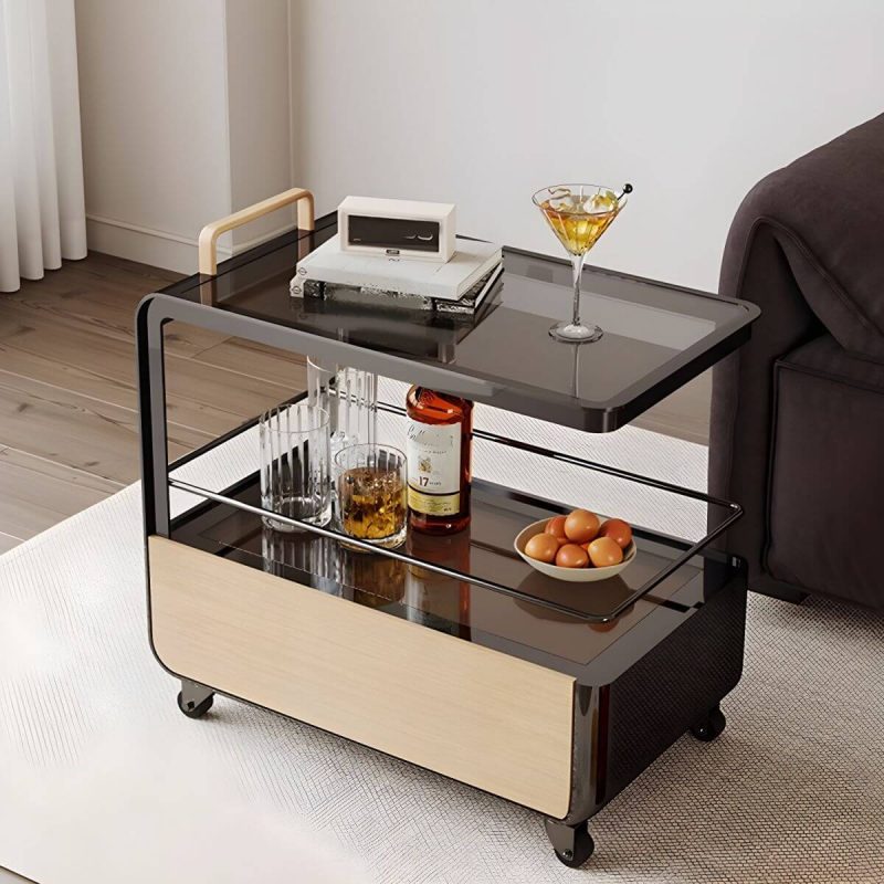 "Contemporary Side Table with Handle and Shelves, Black Frame and Wheels - Natural Wood/ Black 26"L x 15"W x 28"H"