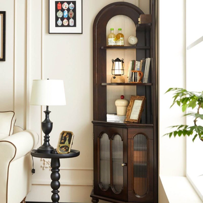 "Detached Cocoa Corner Accent Cabinet with 4 Exterior Shelves, Glass-panel Door, 1 Cabinet & Pull Knobs, 21"L x 21"W x 79"H"