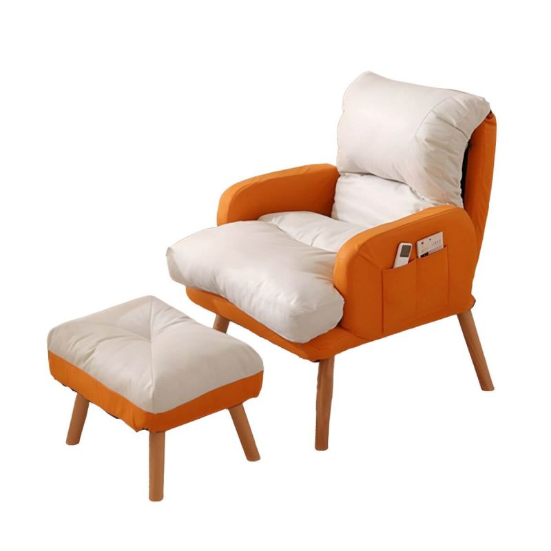 "Small Modern Recliner with Lumbar Support and Built-In Storage, featuring Wood Legs - White/ Orange 29"L x 29"W x 38"H Recliner with Ottoman Tech Cloth"
