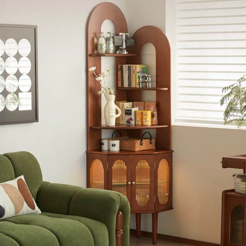 "Black Unattached Nook Accent Cabinet with 4 Exterior Shelves, 1 Cabinet, Glass Door and Knob, Black"